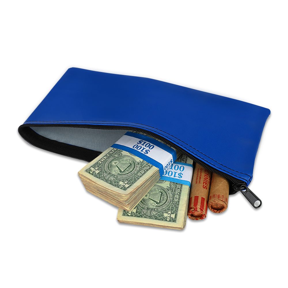 royal blue 14oz Cotton Canvas Zipper Bags shown in use with cash and coin; The cash or coin shown is for illustration purposes only.