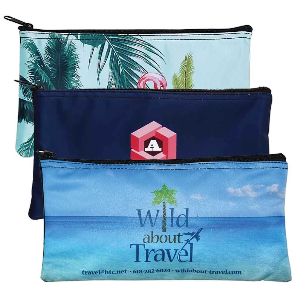 Full Color 10-1/2 W x 5-1/2 H Zipper Bag - 3 custome full bleed print zipper wallets layered on top of each other 