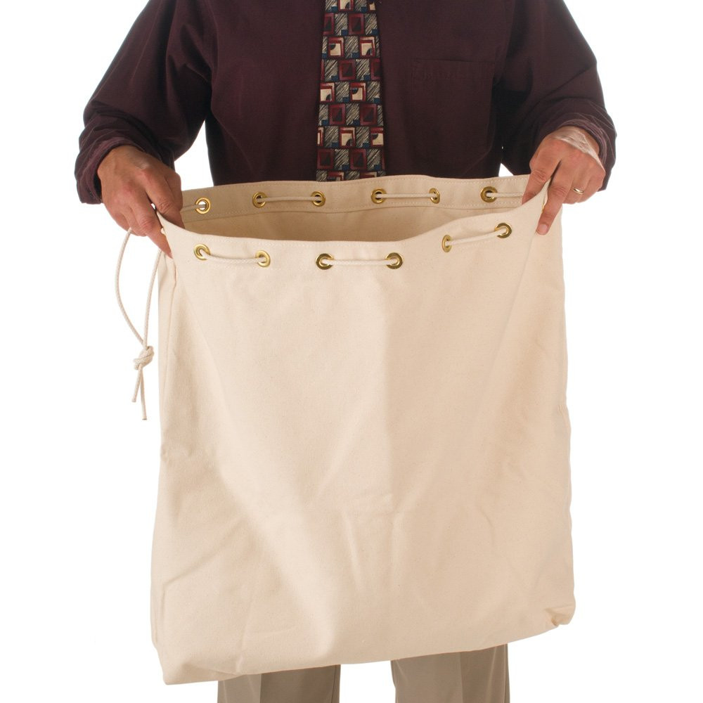 Man holding cotton canvas 14oz post office mail bag - 23x26 - stock bag