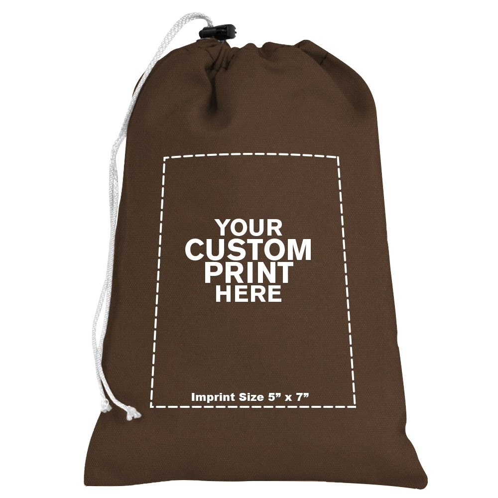 "your custom print here" - imprint location for Brown 10oz Cotton Canvas Imprinted 7Wx11H Drawstring Bag w/rope lock