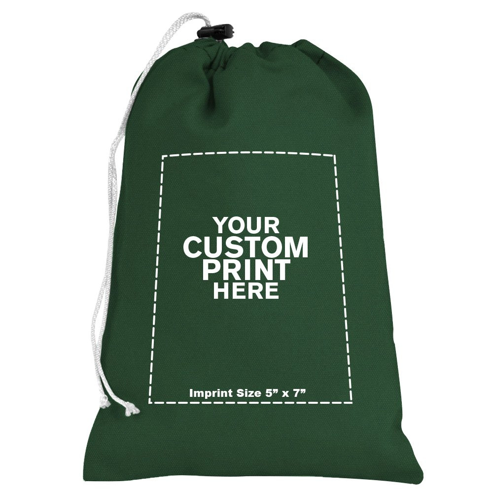 "your custom print here" - imprint location for forest green 8W x 12H 10oz Cotton Canvas Drawstring Bag