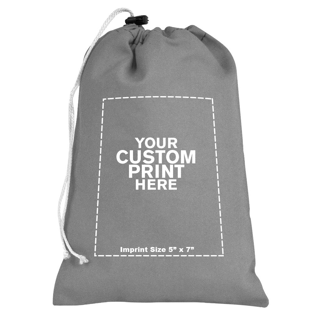 "your custom print here" - imprint location for Gray 10oz Cotton Canvas Imprinted 8Wx12H Drawstring Bag w/rope lock