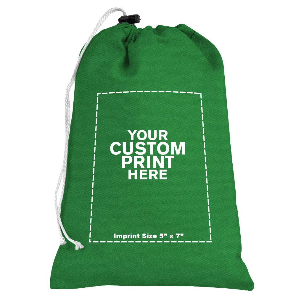 "your custom print here" - imprint location for Kelly Green 10oz Cotton Canvas Imprinted 8Wx12H Drawstring Bag w/rope lock 
