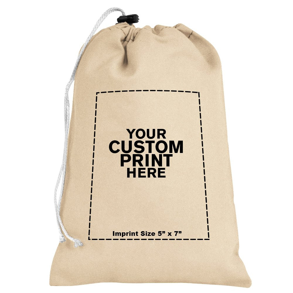 "your custom print here" - imprint location for Natural 10oz Cotton Canvas Imprinted 8Wx12H Drawstring Bag w/rope lock 