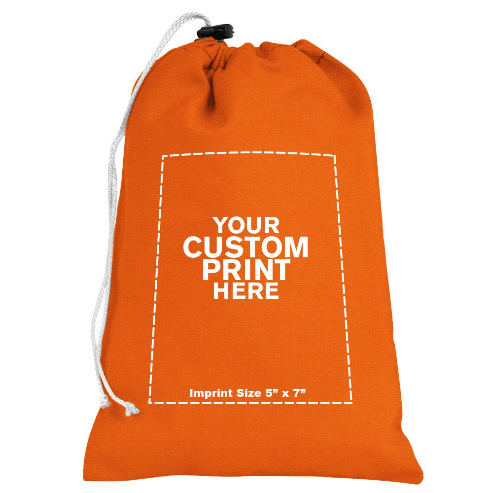 "your custom print here" - imprint location for Orange 10oz Cotton Canvas Imprinted 8Wx12H Drawstring Bag w/rope lock