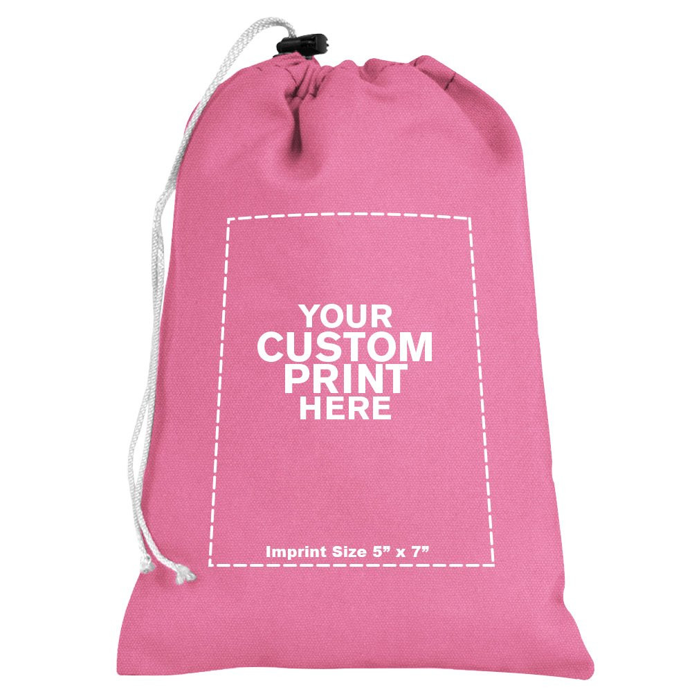 "your custom print here" - imprint location for Pink 10oz Cotton Canvas Imprinted 8Wx12H Drawstring Bag w/rope lock 