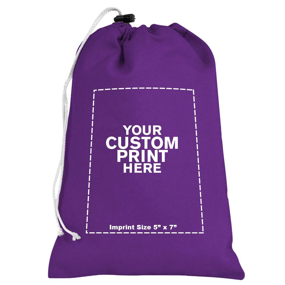 "your custom print here" - imprint location for Purple 10oz Cotton Canvas Imprinted 6-1/2Wx10H Drawstring Bag w/rope lock