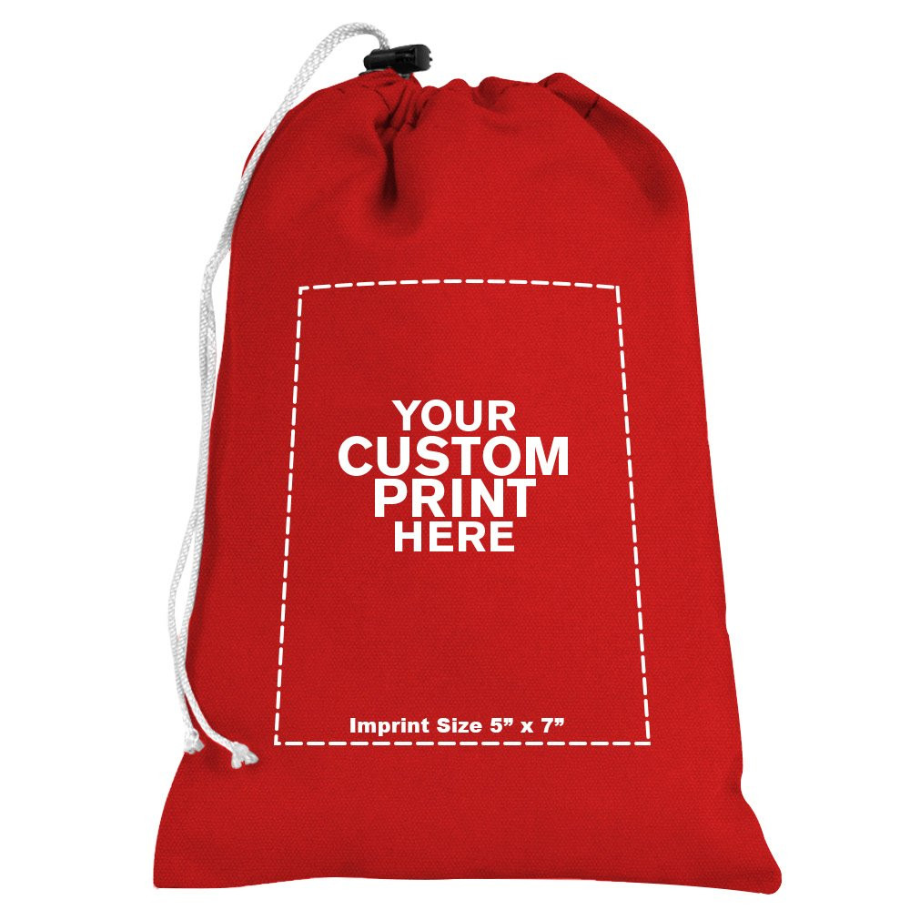 "your custom print here" - imprint location for Red 10oz Cotton Canvas Imprinted 7Wx11H Drawstring Bag w/rope lock 