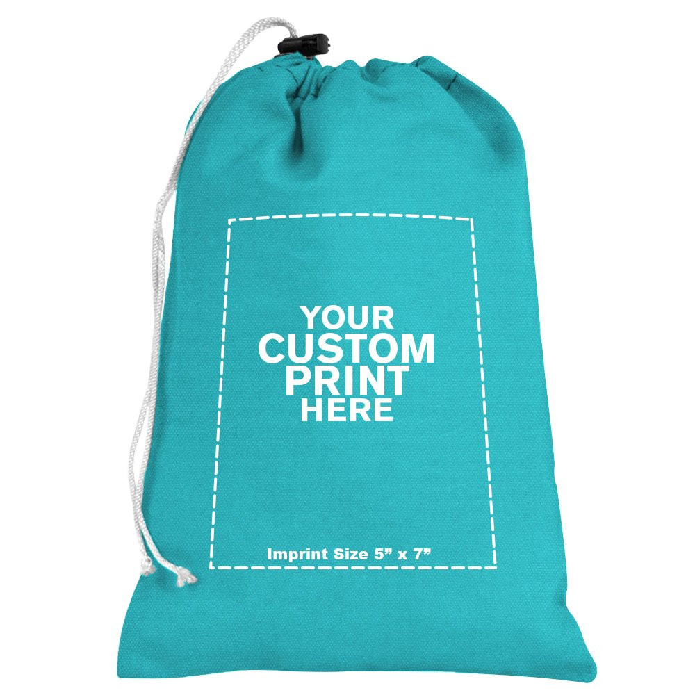 "your custom print here" - imprint location for teal 7W x 11H 10oz Cotton Canvas Drawstring Bag