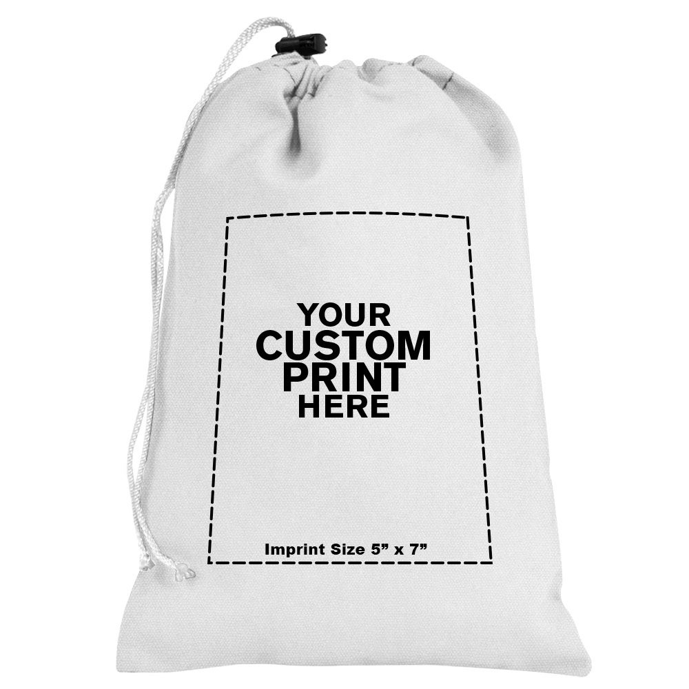 "your custom print here" - imprint location for White 10oz Cotton Canvas Imprinted 7Wx11H Drawstring Bag w/rope lock