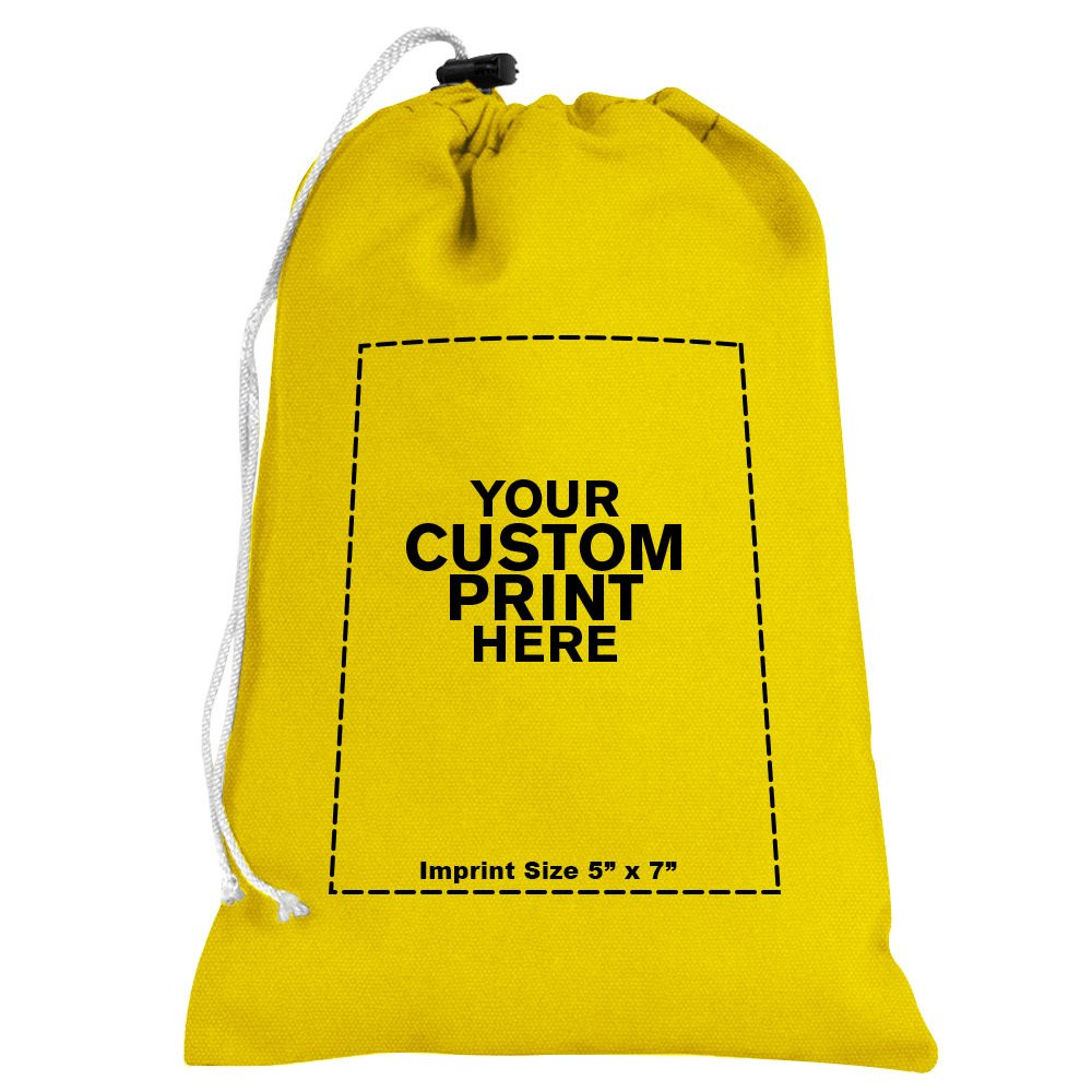 "your custom print here" - imprint location for Yellow 10oz Cotton Canvas Imprinted 7Wx11H Drawstring Bag w/rope lock