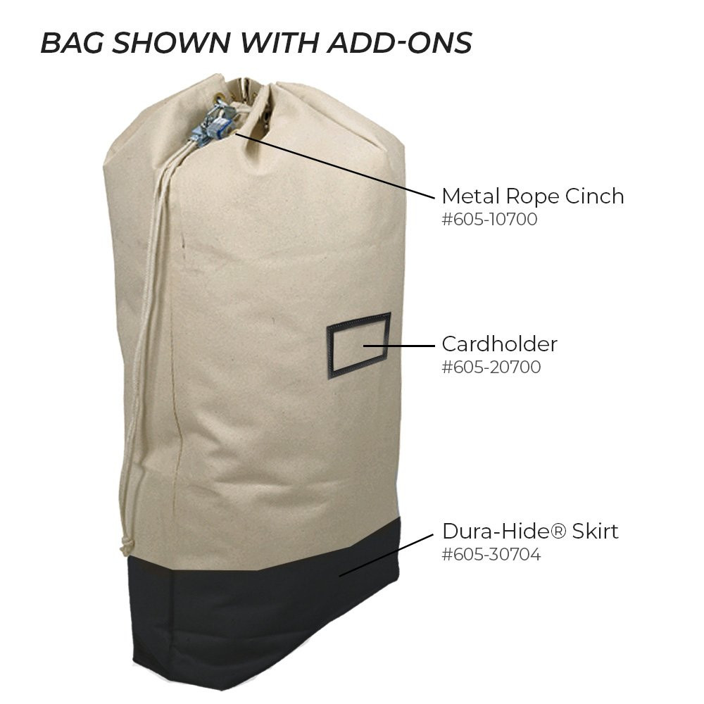 Infographic Image - Bag shown w/ additional options; Metal rope cinch; Card holder; Dura-Hide bag skirt 