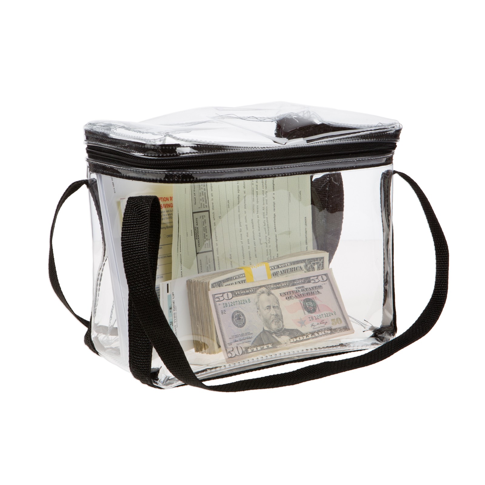 side view of Clear Vinyl Briefcase Style Bag with contents shown in bag *contents in bag not included ;10W x 8H x 5D 