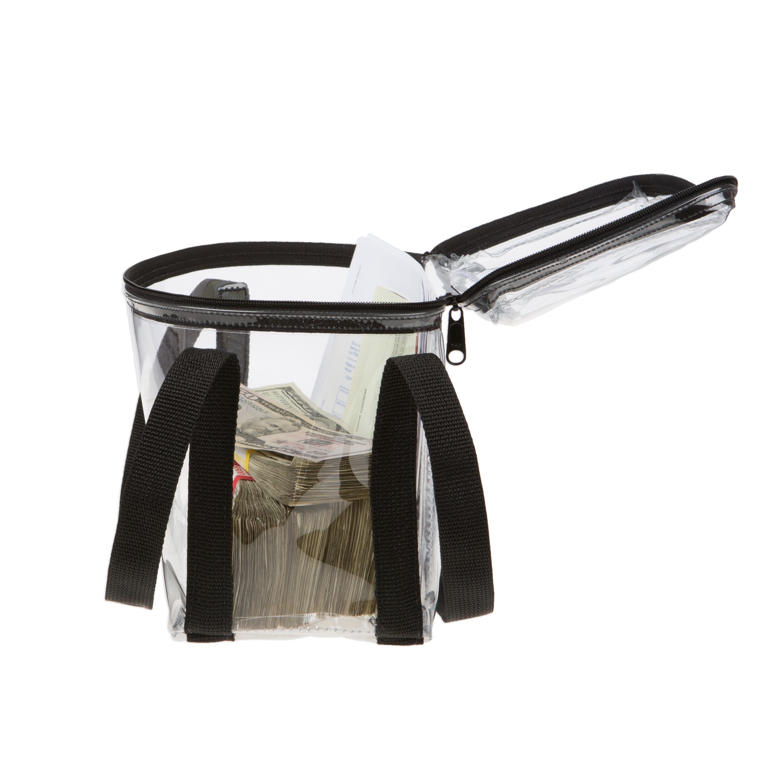 Clear Vinyl Briefcase Style Bag - 10W x 8H x 5D shown unzipped top opening 