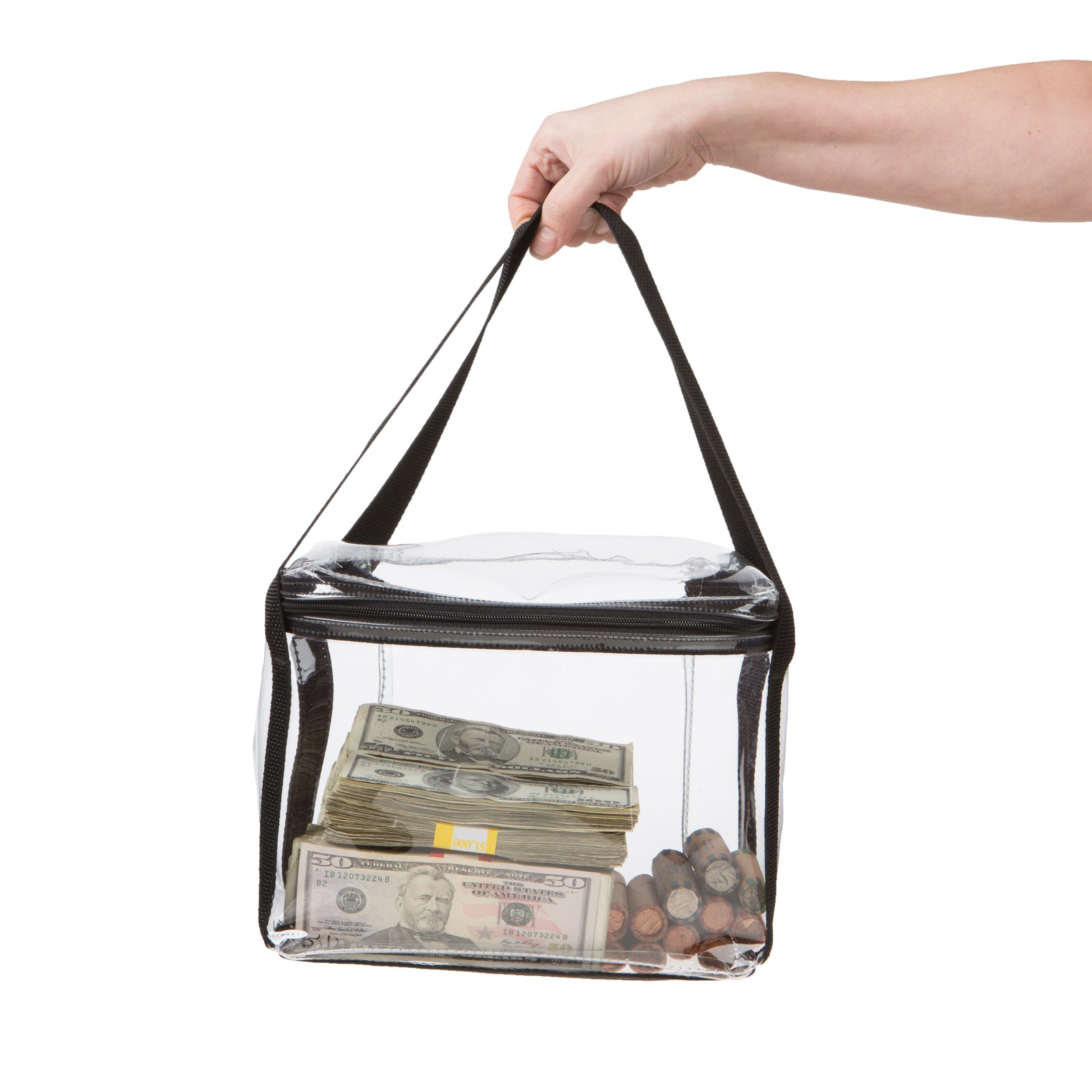 person's hang holding Clear Vinyl Briefcase Style Bag - 10W x 8H x 5D