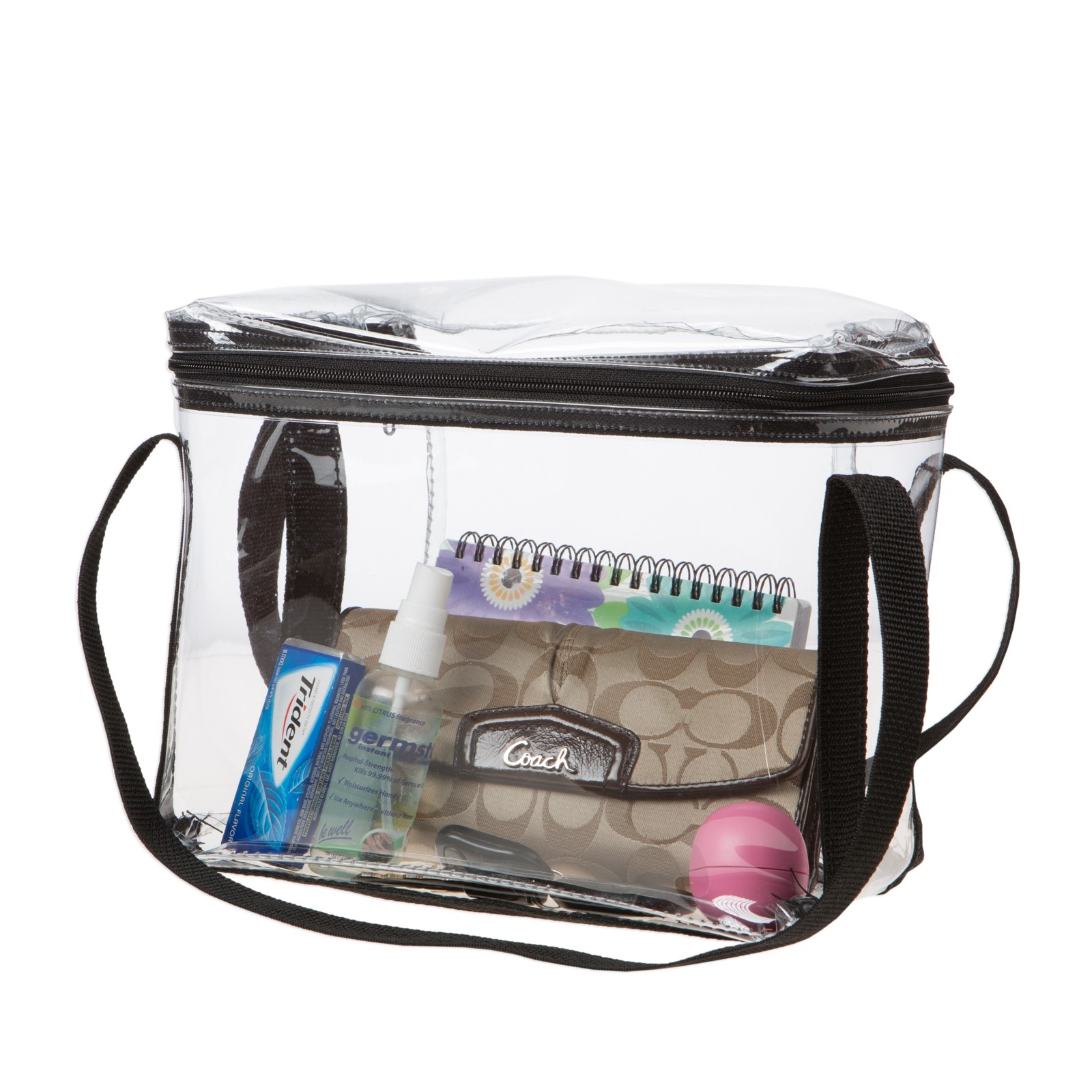 Back side of 10W x 8H x 5D Clear Vinyl Briefcase Style Bag with contents in bag.; * contents in bag not included 