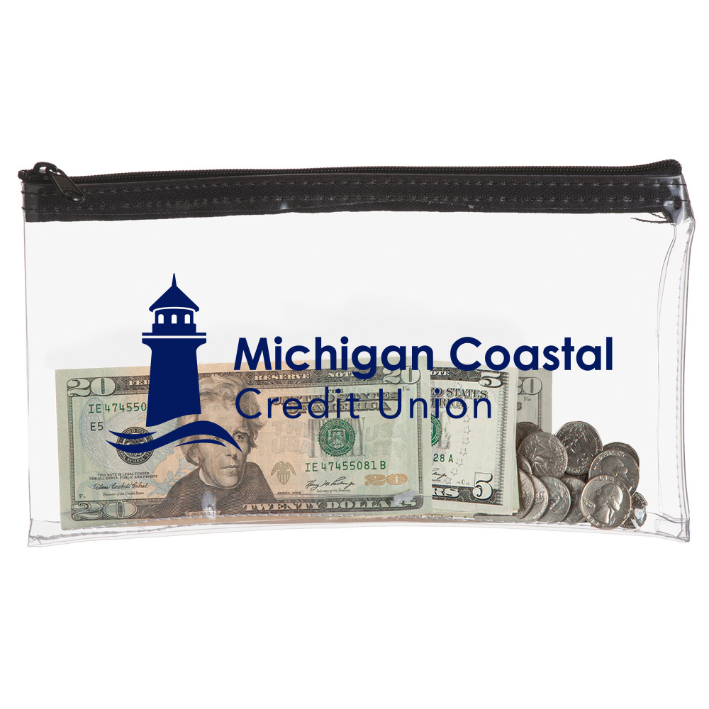 1-Color Imprinted Logo "Michigan coastal credit union" shown in blue  on a  Clear Vinyl Zipper Bag - 11W x 6H - Quick-Ship