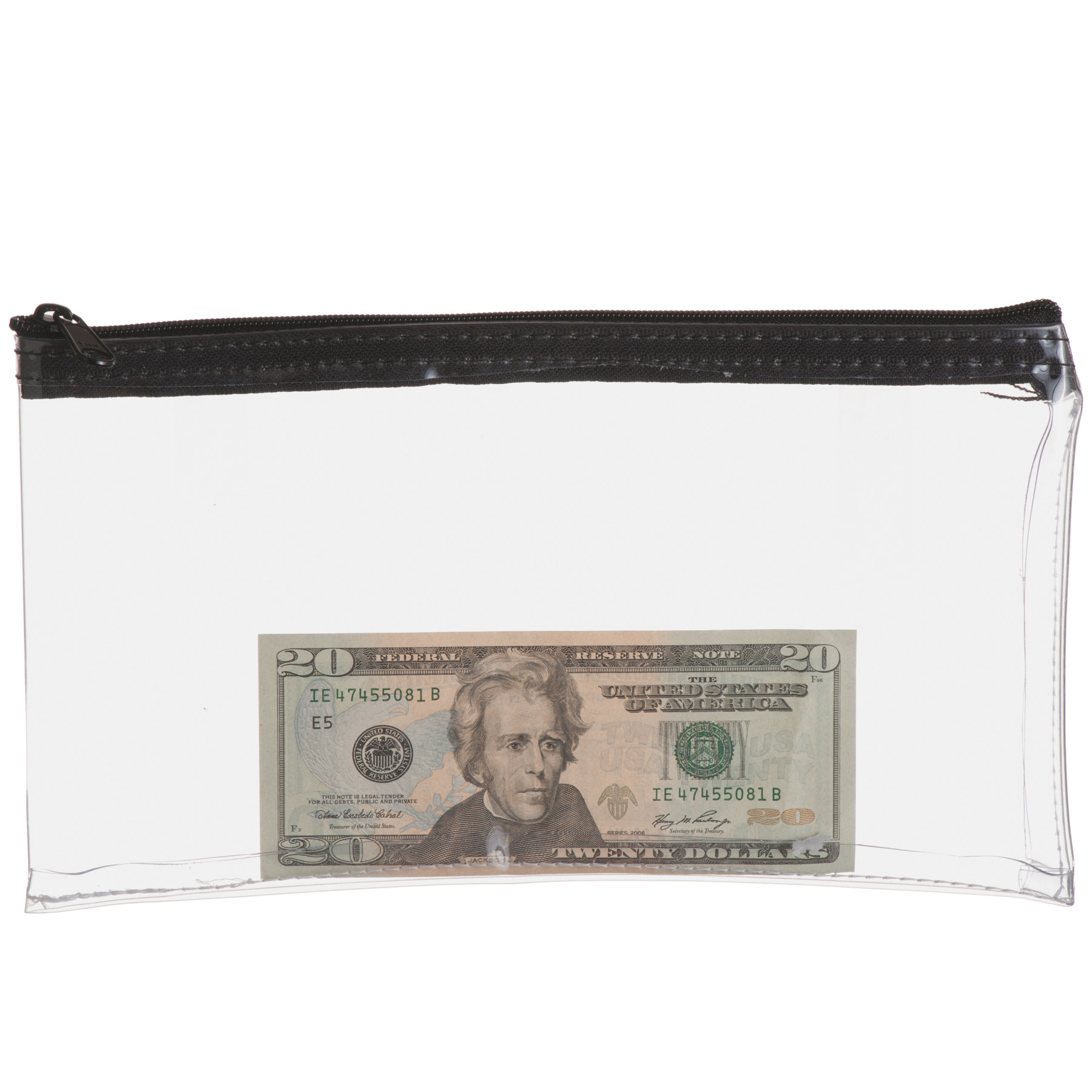   11W x 6H Clear Vinyl Zipper Bag shown with money in bag. * bag contents not included 