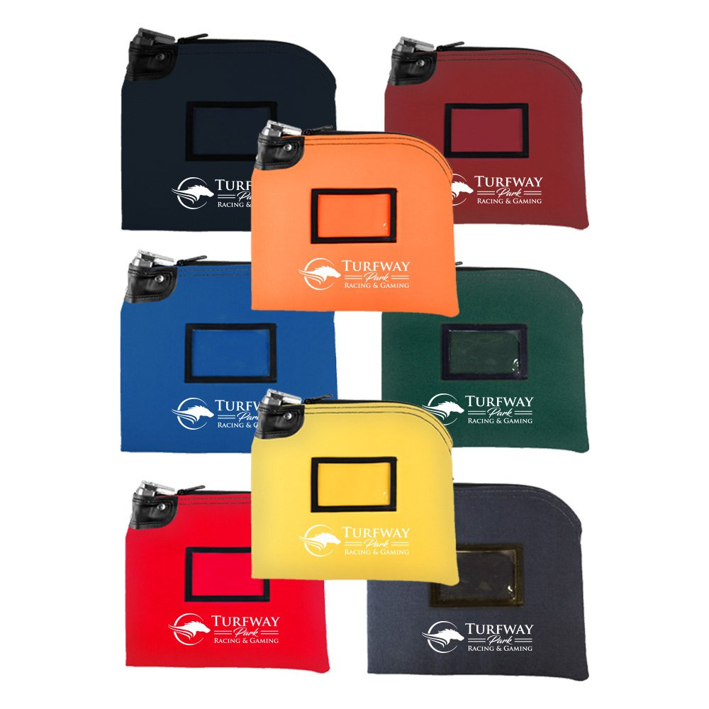 14oz Cotton Canvas Locking Deposit Bags shown laid out – yellow, red, royal blue, forest green, navy blue all shown with imprint
