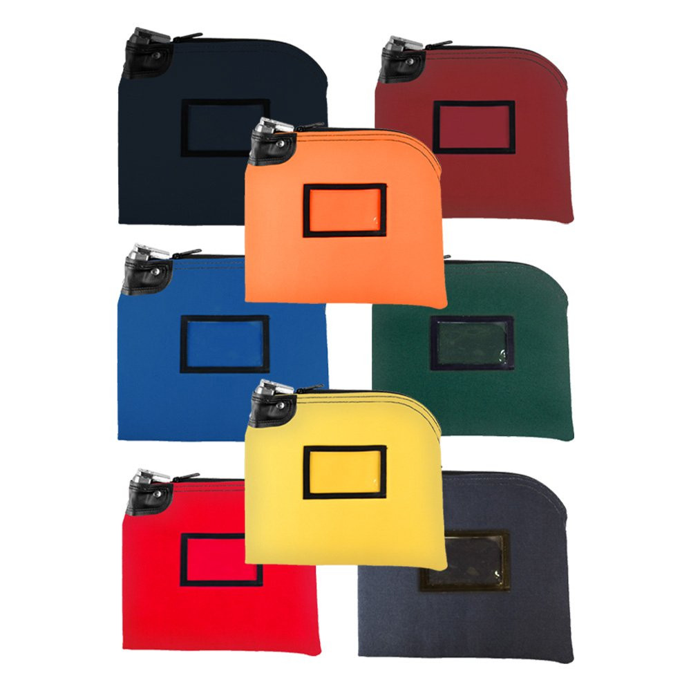 (8) 14oz Cotton Canvas Locking Deposit Bags shown laid out – Navy blue, burgundy, orange, royal blue, forest green, yellow, red, navy blue. 