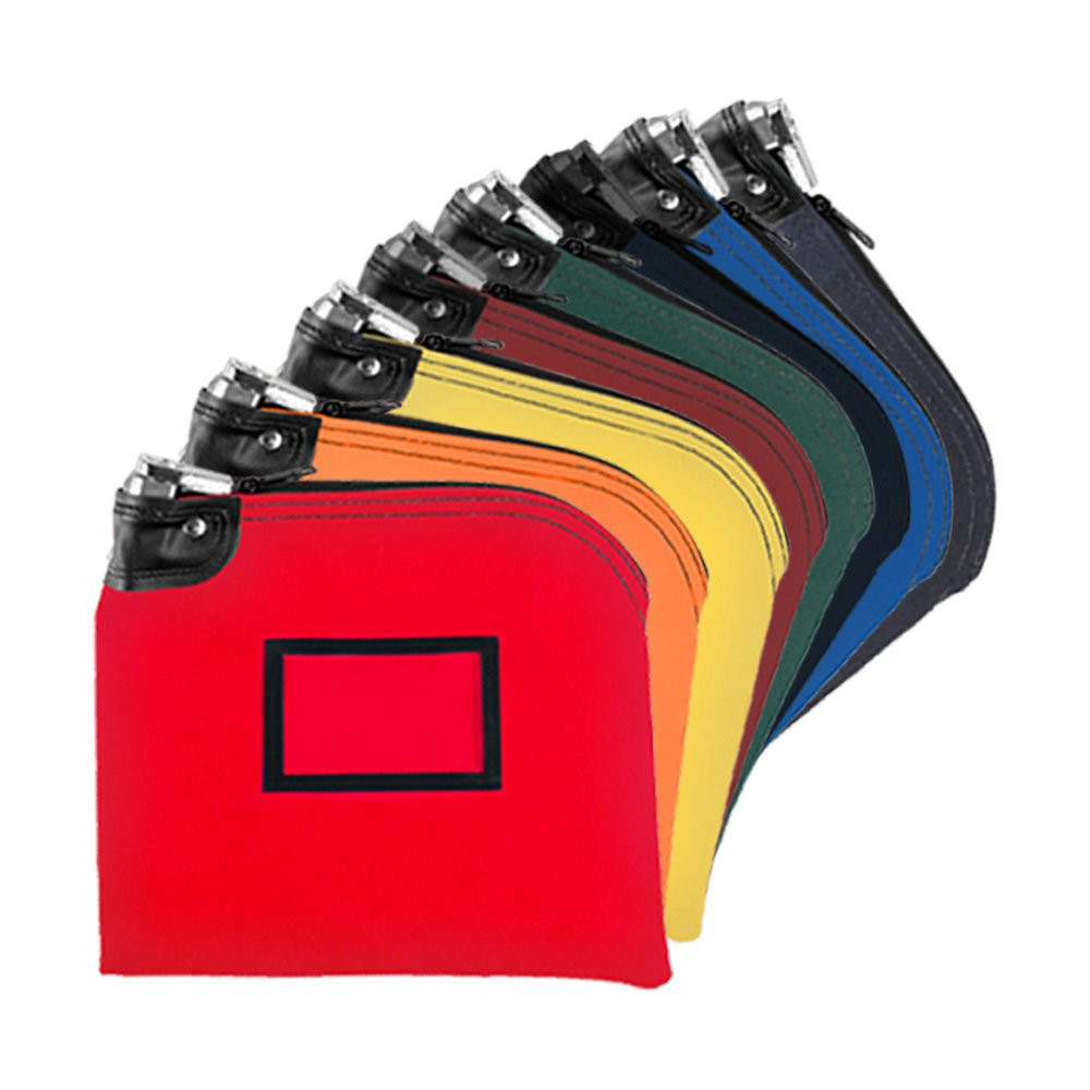 (8) 14oz Cotton Canvas Locking Deposit Bags shown fanned out – red, orange, yellow, burgundy, forest green, black, royal blue, and navy blue. 