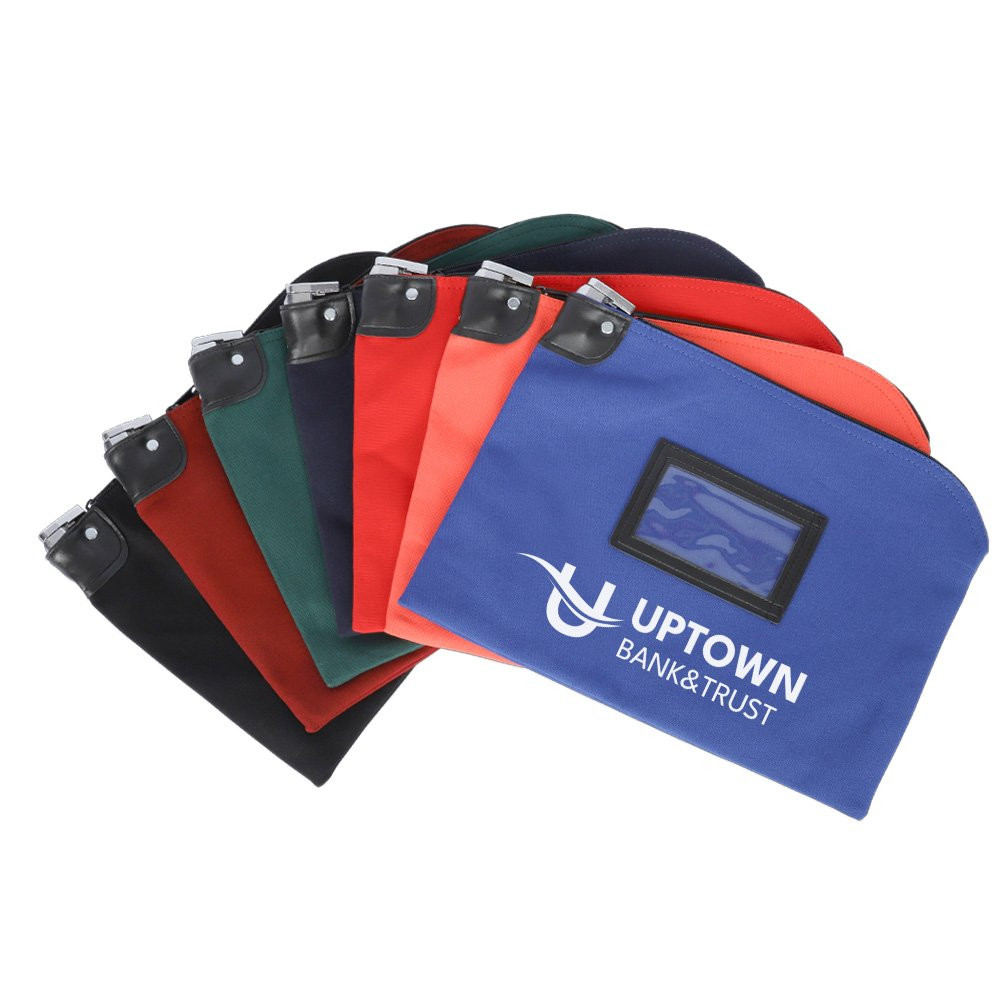 14oz Cotton Canvas Locking Deposit Bags shown fanned out – black, burgundy forest green, navy blue, red, orange, and royal blue with 1-color(white) imprint