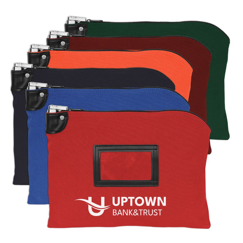14oz Cotton Canvas Locking Deposit Bags shown fanned out – forest green, burgundy, oragnge, black, royal blue, red  shown with1-color(white) imprint