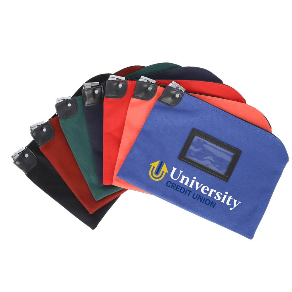 14oz Cotton Canvas Locking Deposit Bags shown fanned out – black, burgundy forest green, navy blue, red, orange, and royal blue shown with full-color imprint 