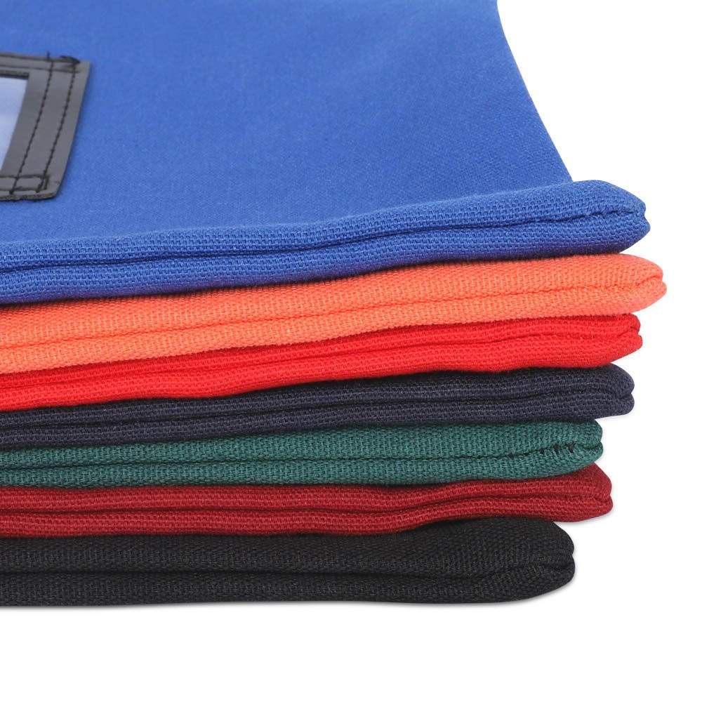 15W x 11H, 14 oz Locking Cotton Canvas Deposit Bags - shown stacked black, burgundy, forest green, navy blue, red, orange, royal blue