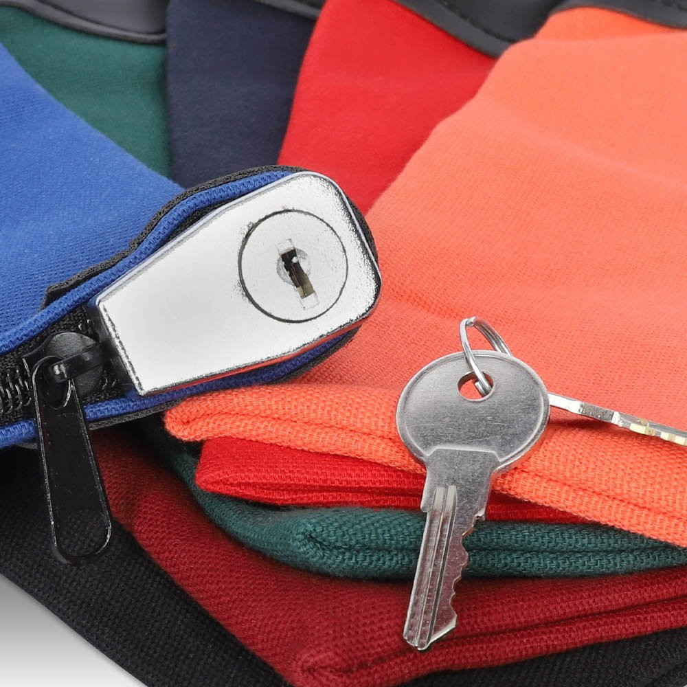 Lock shown on royal blue locking deposit bag, 2 keys also shown. Stack on top of various colors of the bag.  