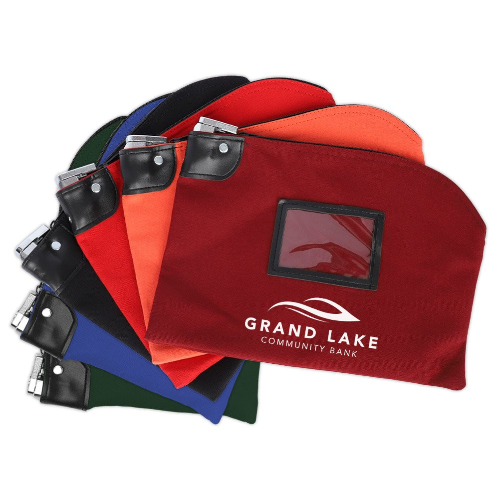 12W x 9H,14oz Cotton Canvas Locking Deposit Bags shown fanned out – black, royal blue, navy blue,  red, orange, and burgundy shown with 1 color imprint 