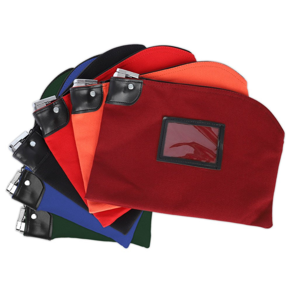 14oz Cotton Canvas Locking Deposit Bags shown fanned out – black, royal blue, navy blue,  red, orange, and burgundy