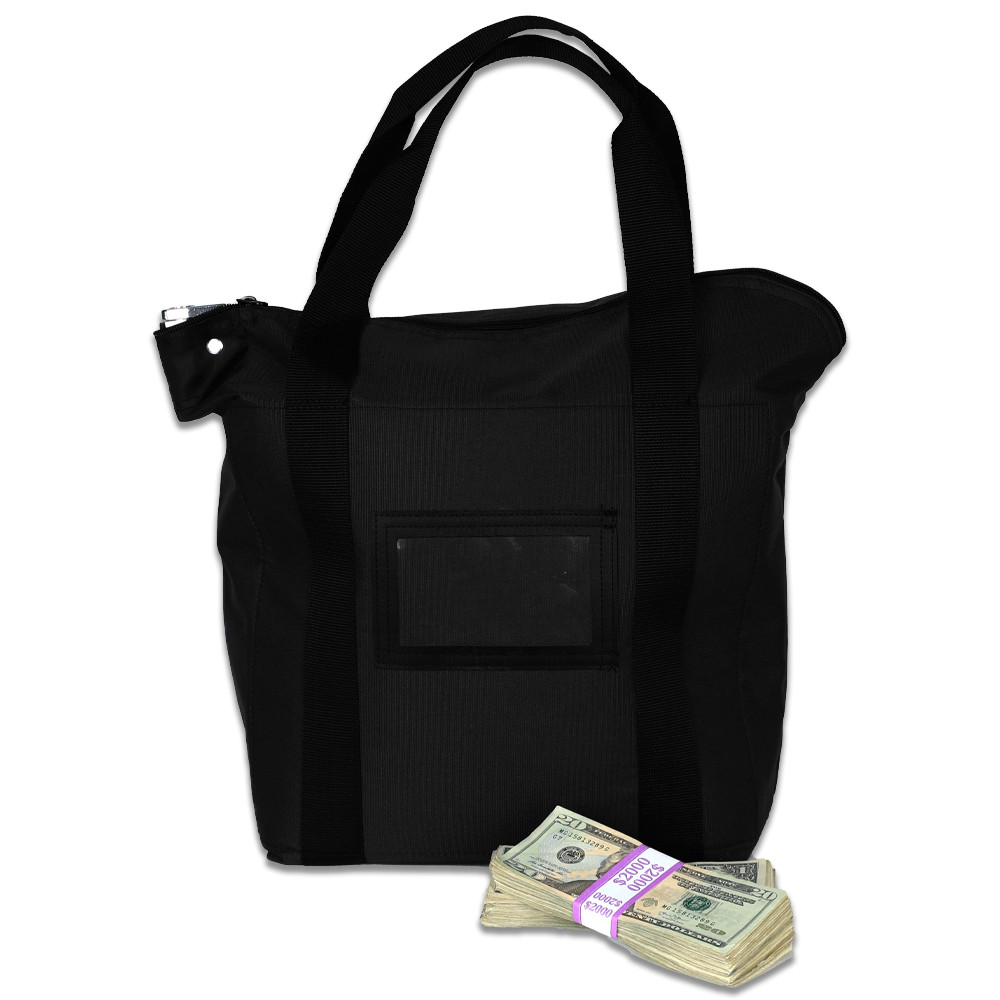 17W x 14H x 6D Locking Courier Briefcase Bags w/ Handles - Ready-To-Ship - Black - side view with stack of money