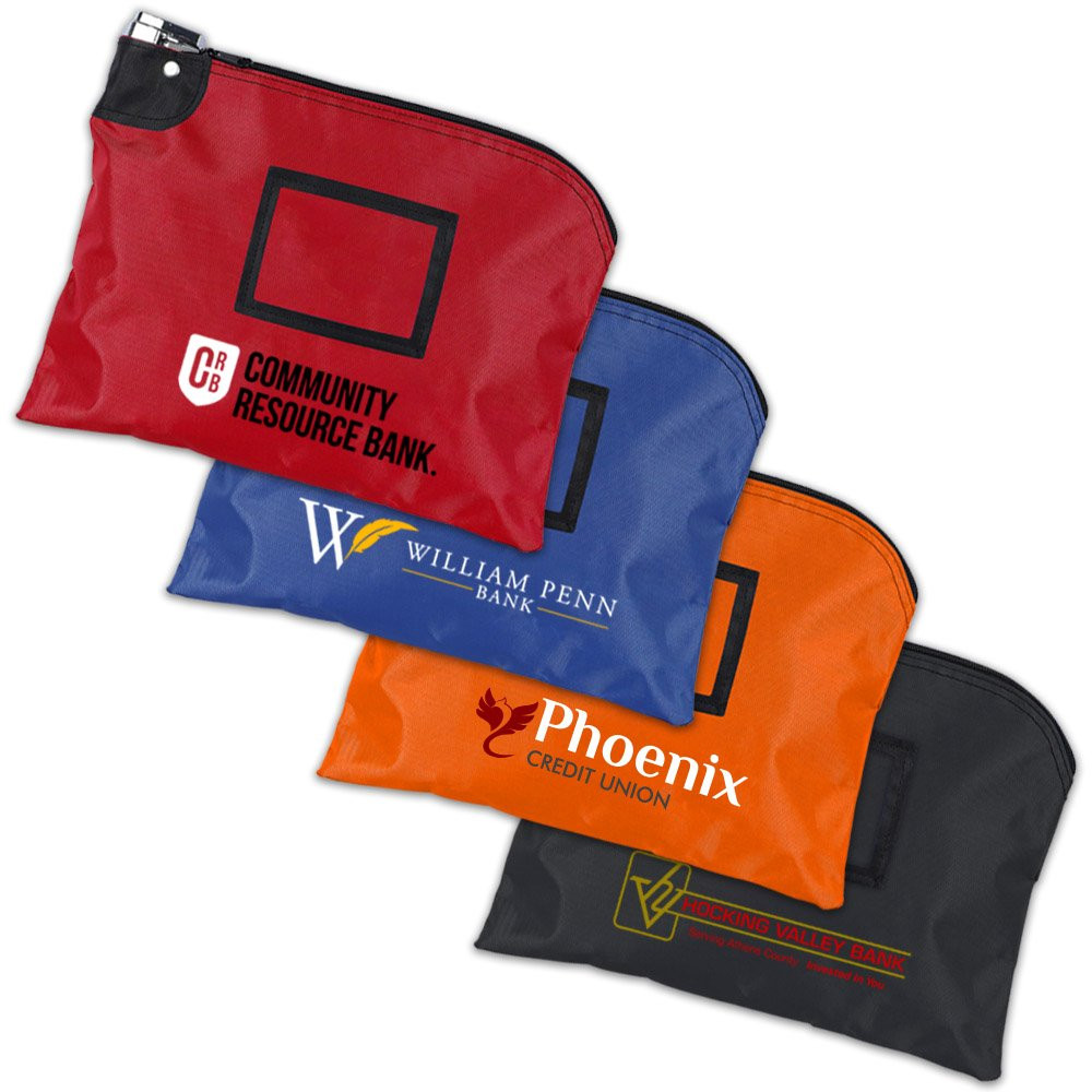 12W x 9H Laminated Nylon Locking Deposit Bags Shown Fanned