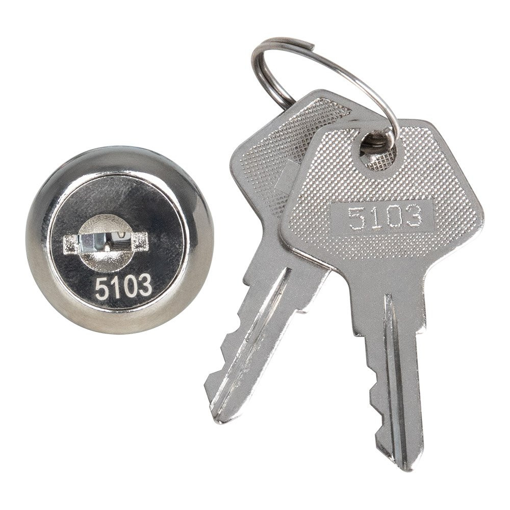 Keyed Different Spring Bolt Lock for STEELMASTER® Manual Cash Drawer with 2 keys displayed to the right of the lock