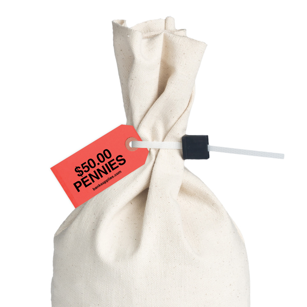 Printed Coin Bag Tags - 1-7/8 x 3-3/4 - $50 Pennies - Red