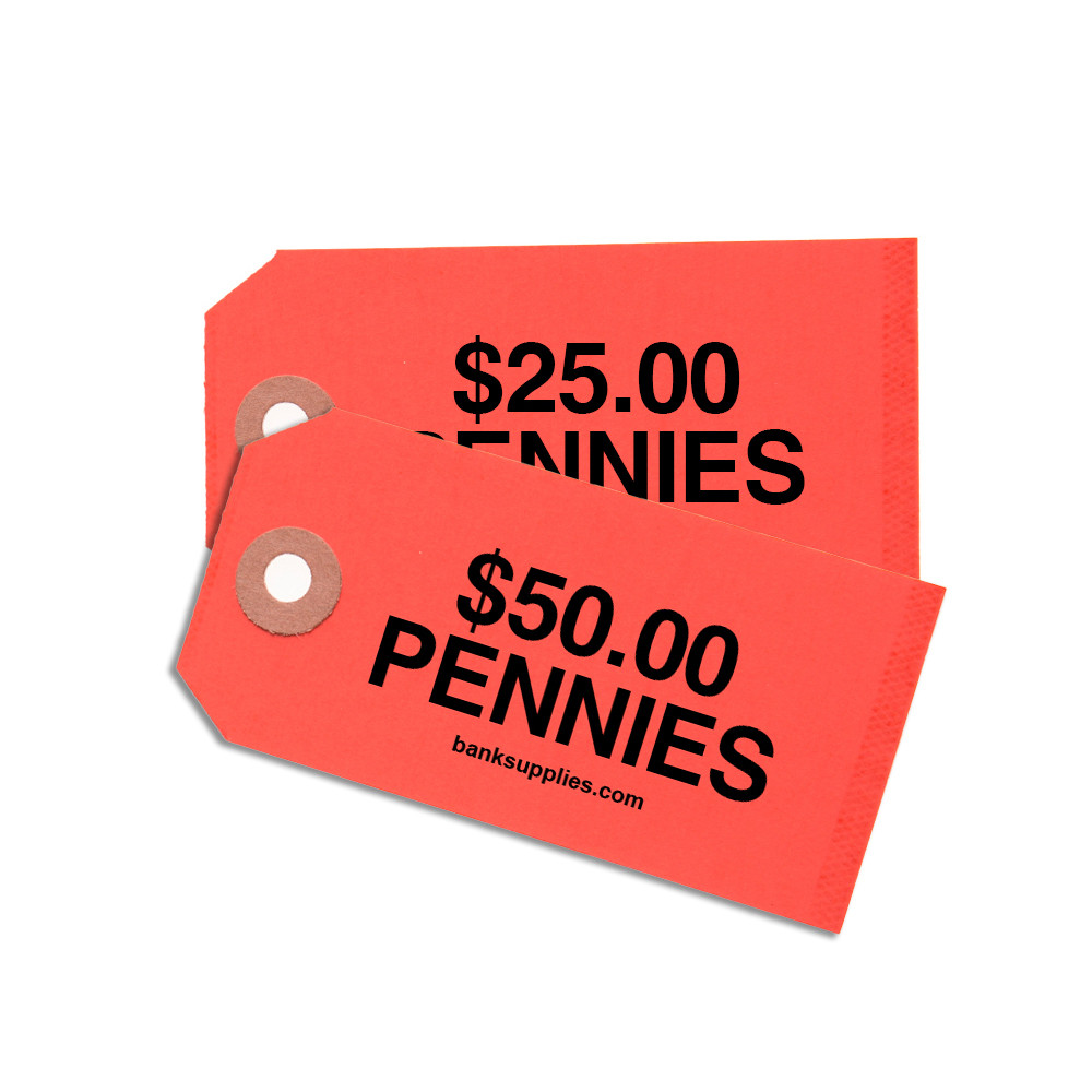 Printed Coin Bag ID Tags Shown In Red - Penny