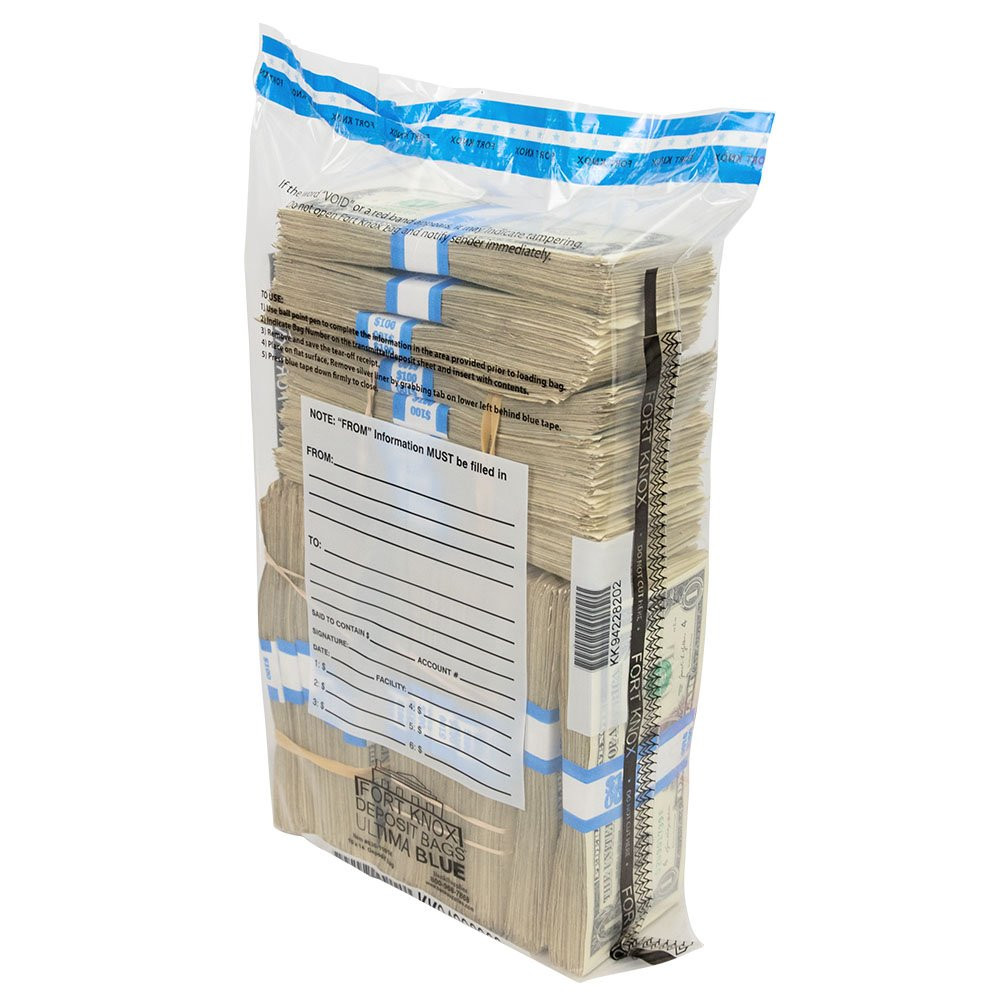 10W x 14H Ultima Blue® Clear Deposit Bags Shown With Money Inside
