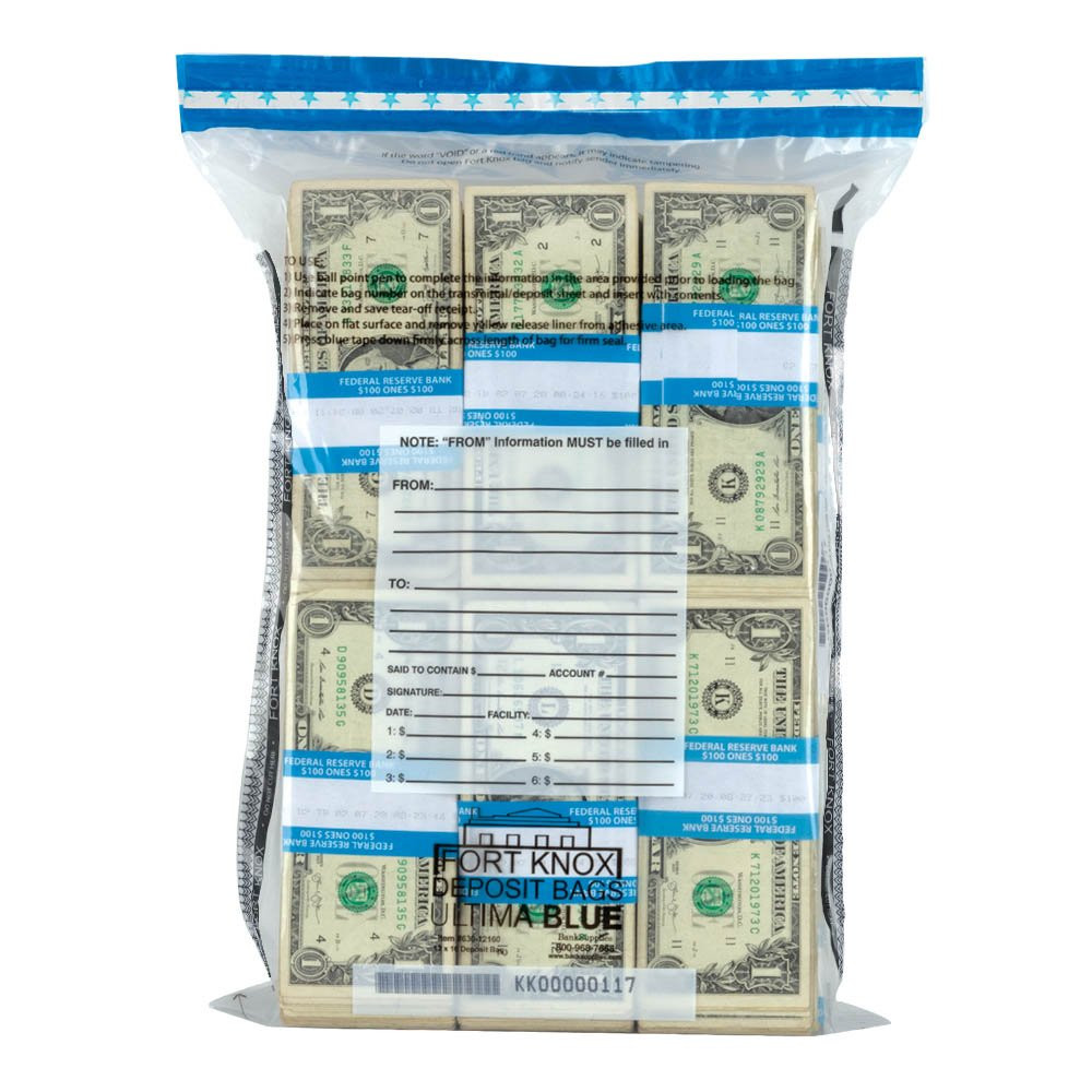 Ultima Blue® Clear Deposit Bags - 12W x 16H - shown in use sealed with money in deposit bag