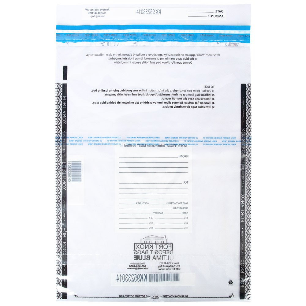 Back view of 12W x 16H Ultima Blue® Clear Deposit Bags with External Pocket