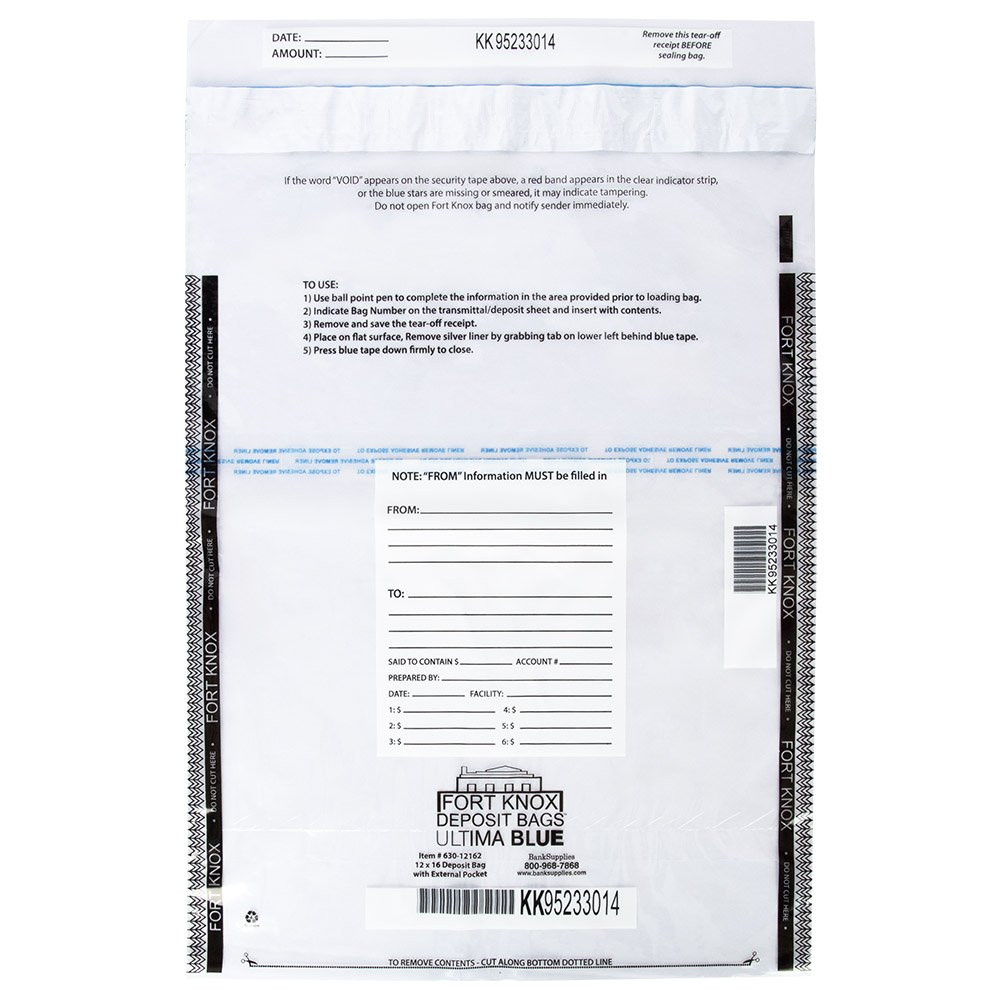 Front view of 12W x 16H Ultima Blue® Clear Deposit Bags with External Pocket