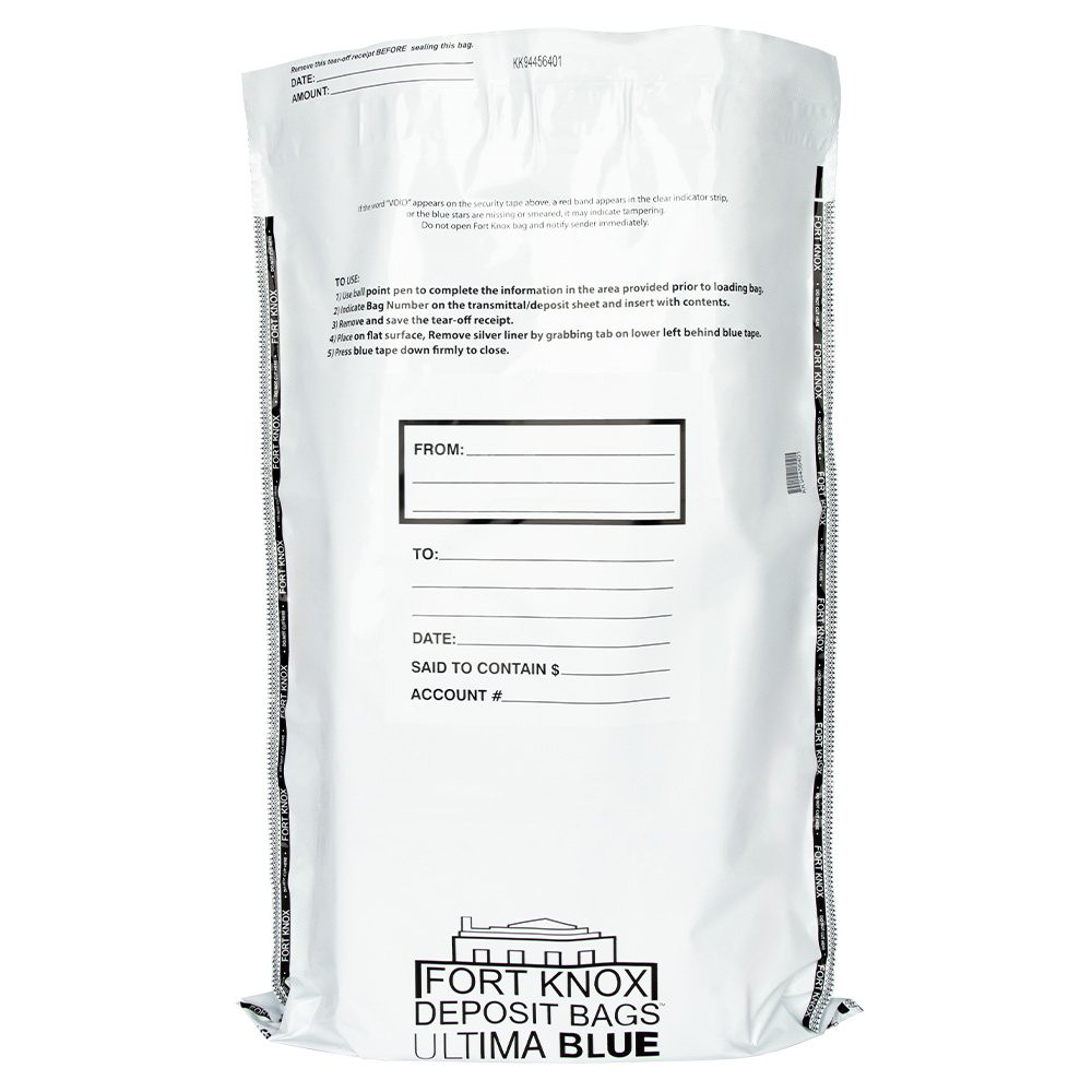 Ultima Blue® White Deposit Bags with External Pocket - 20W x 30H - Pack of 100 - Front