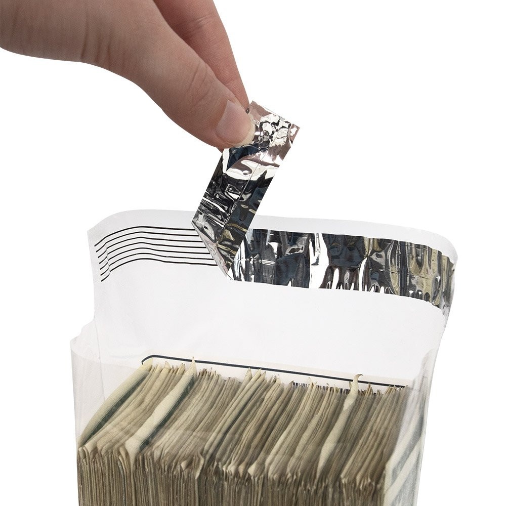  6-1/2W x 7-1/2H Tamper Evident 5 Strap Cash Bags - In use