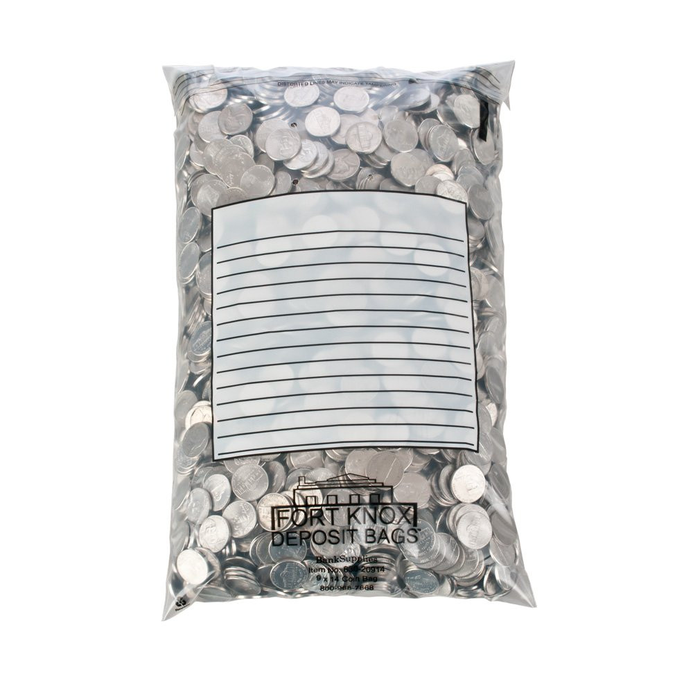 Tamper Evident Self Sealing Jetsort Coin Bags with White Block - 9W x 14H - Case of 500; shown full with nickels 