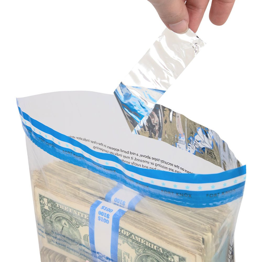 9W x 12H Ultima Blue® Clear Deposit Bags with External Pocket Shown in Use