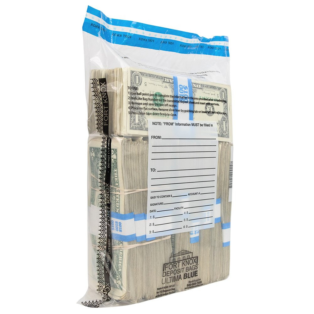 Front View Of 9W x 12H Ultima Blue® Clear Deposit Bags with External Pocket 