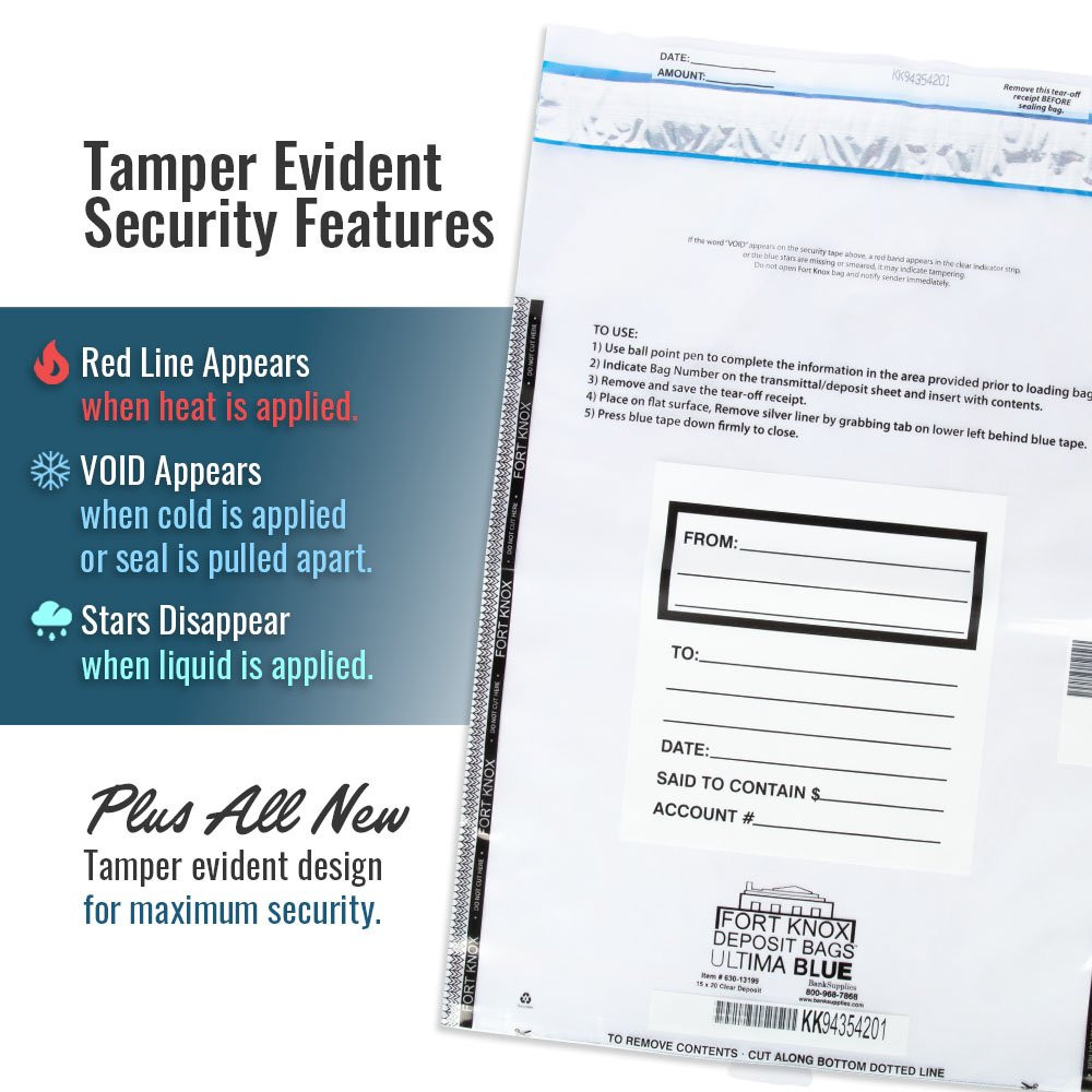 Tamper Evident Security Features Listed - Red line appears when heat is applied, Void Appears whencold is applies, Stars disappear when liquid is applied. Plus all new  Tamper evident design for maximun security