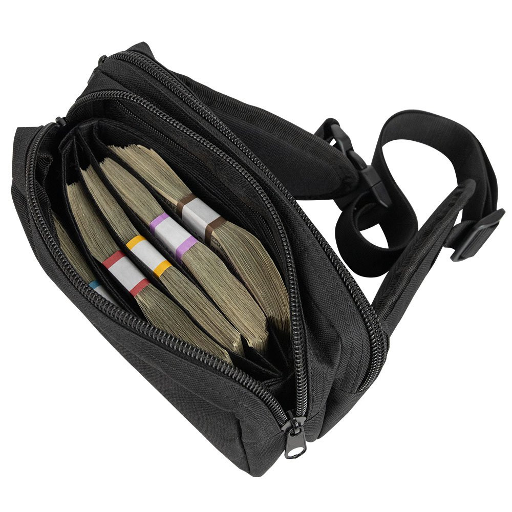 9W x 5H x 4D Casino Attendant Adjustable Belt Bag Shown With Money Inside Slot Wallet