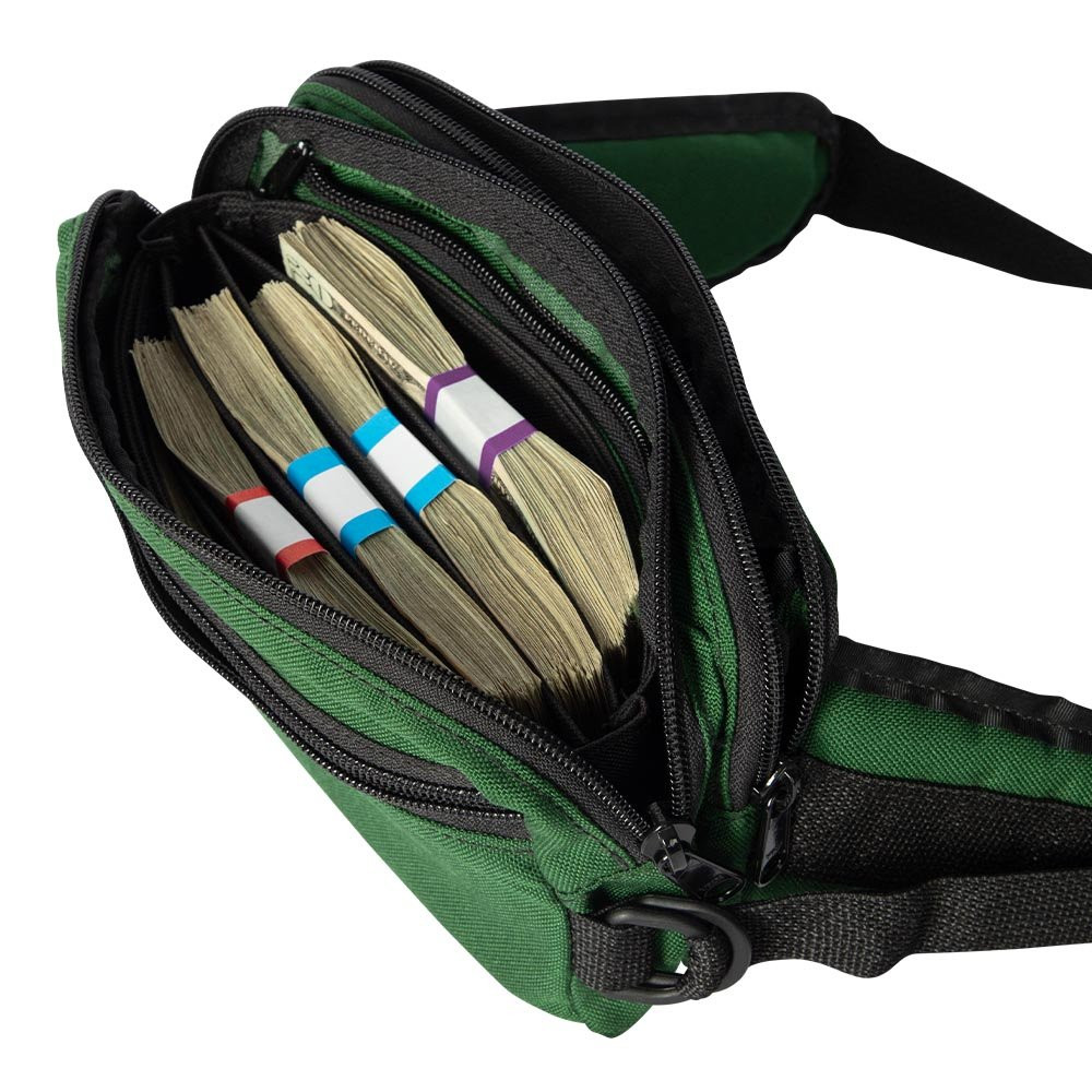 9W x 5H x 4D Casino Attendant Adjustable Belt Bag  Shown In Use, Full of Money