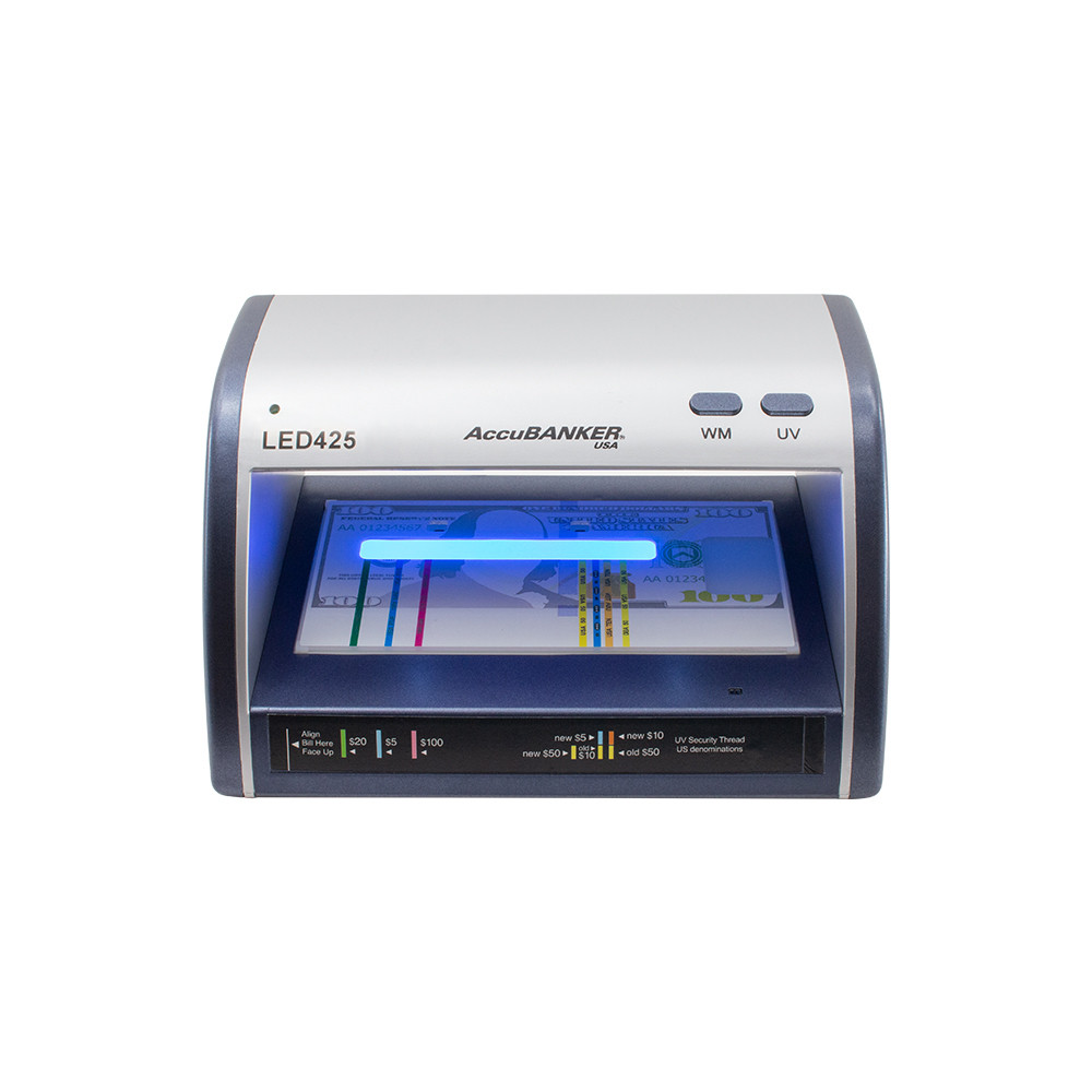 AccuBANKER® LED425 Counterfeit Bill/Document Validator w/ Guide with LED lights on to show visibility